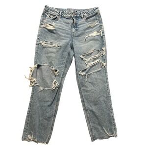American Eagle‎ Mom Jeans Women's 14 Short Medium Wash Blue Denim Distressed Y2K